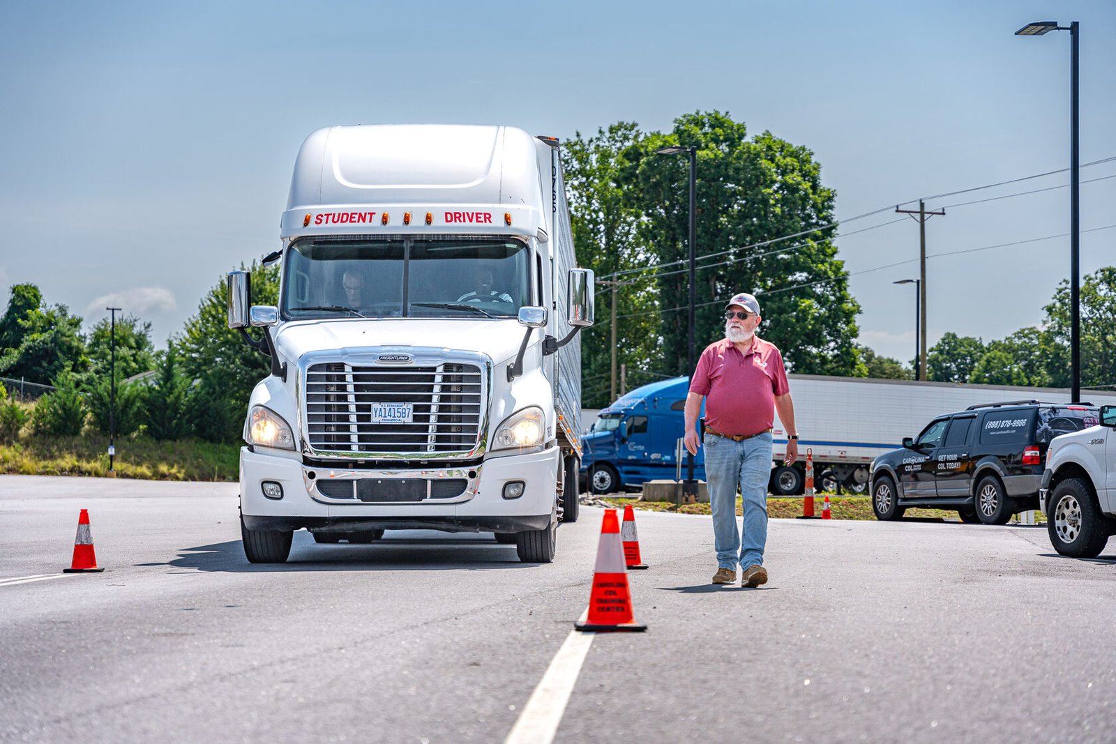 Student driver tractor-trailer on the Carolina CDL Training Center range in Candler, NC